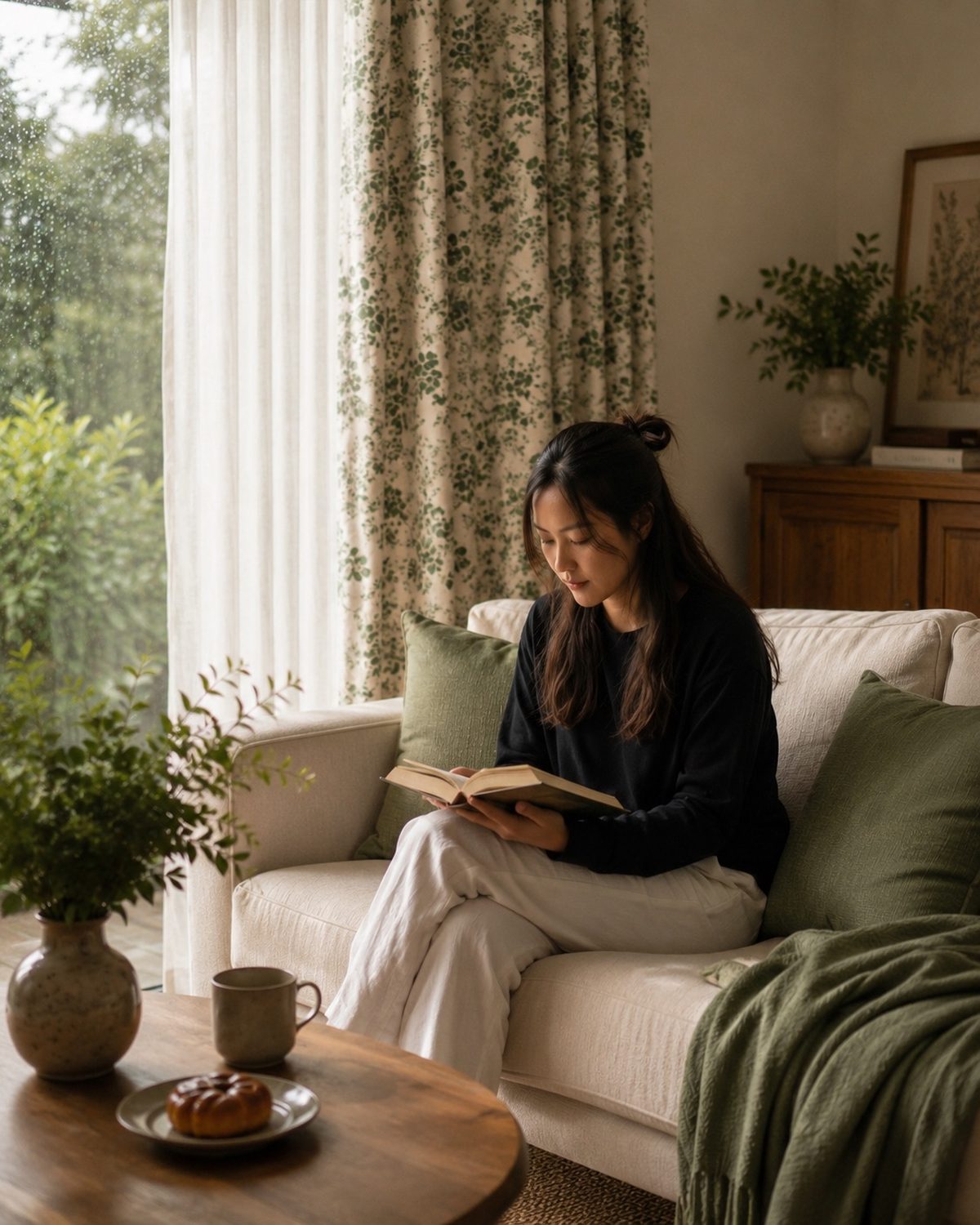 A woman reading quietly beside a window with green floral curtains and soft natural daylight — a CHALEEYA home